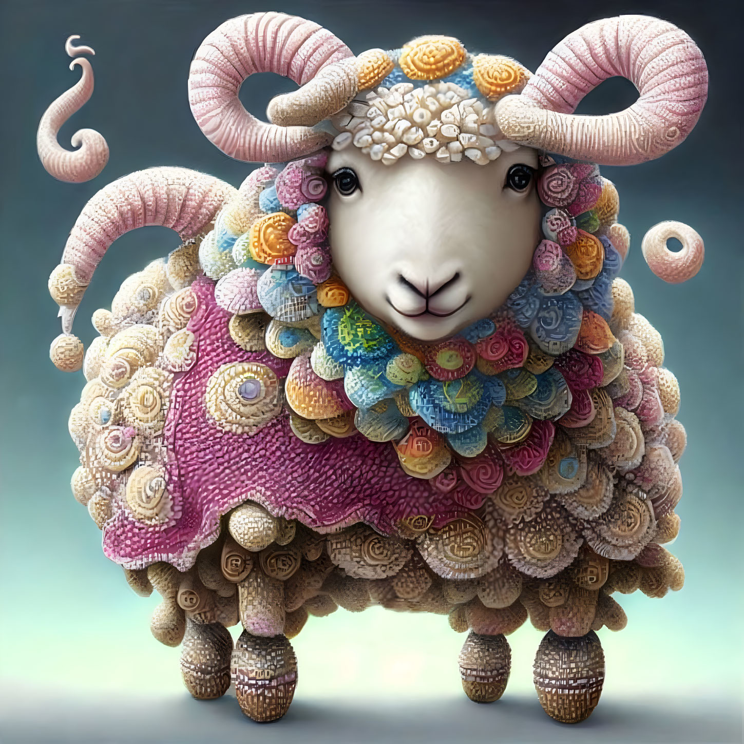 Colorful Swirls and Beaded Headdress on Whimsical Sheep