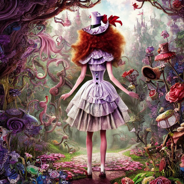 Colorful image: Woman in top hat and layered dress in magical forest with oversized flowers.