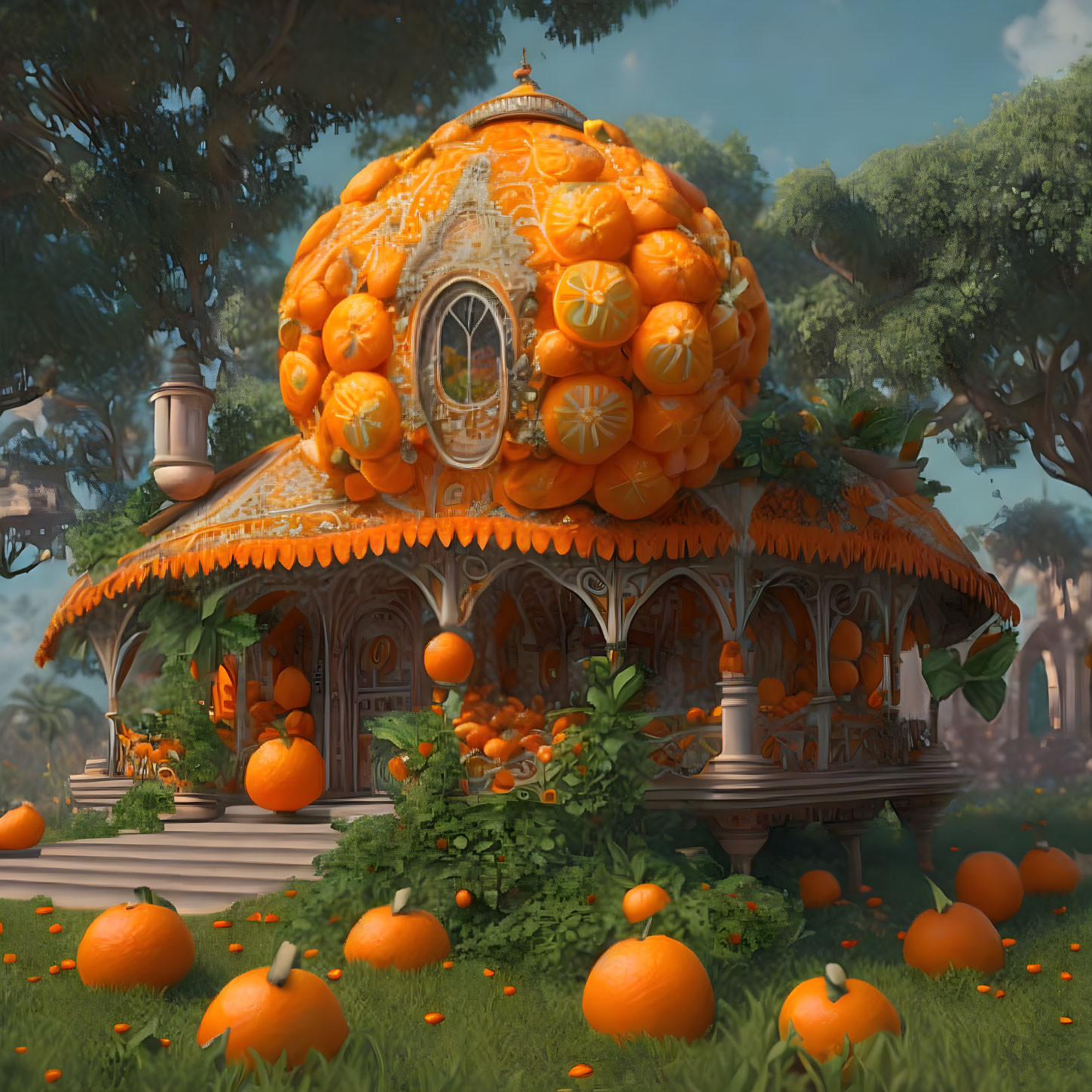 Orange-themed Pavilion with Fruit Decor in Enchanting Forest Clearing
