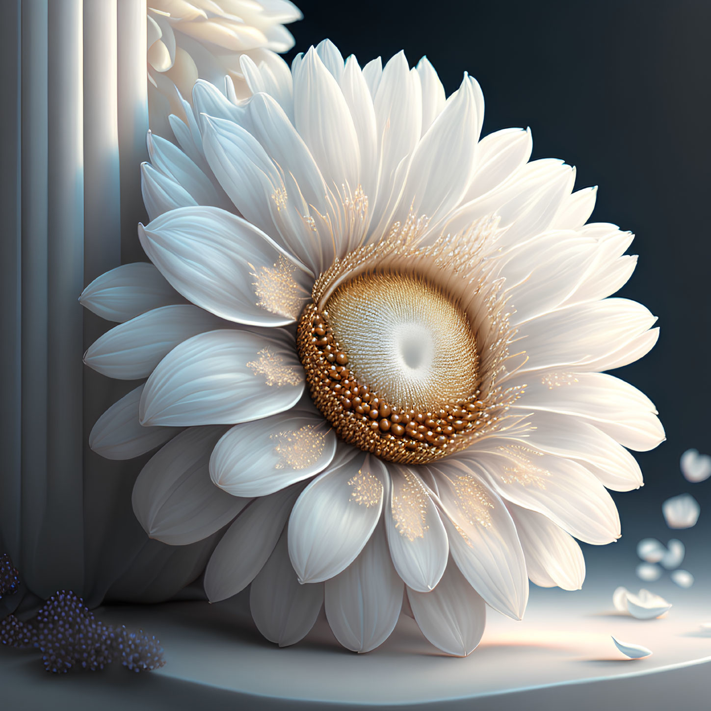 Detailed digital illustration of white daisy with golden center on soft grey background