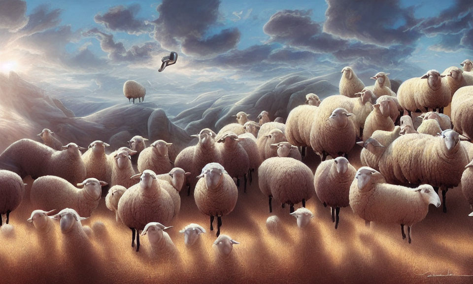 Surreal sheep hills under dynamic sky with leaping sheep