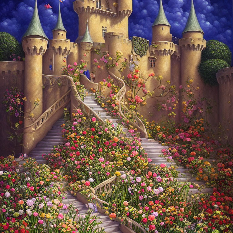Whimsical castle with towering spires in lush garden