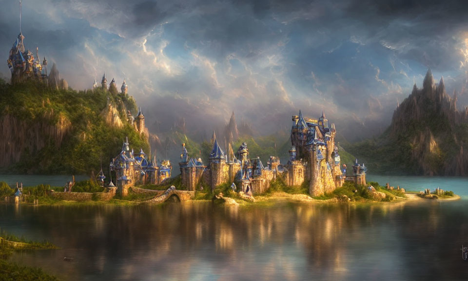 Fantasy castle with spires on island under dramatic sky