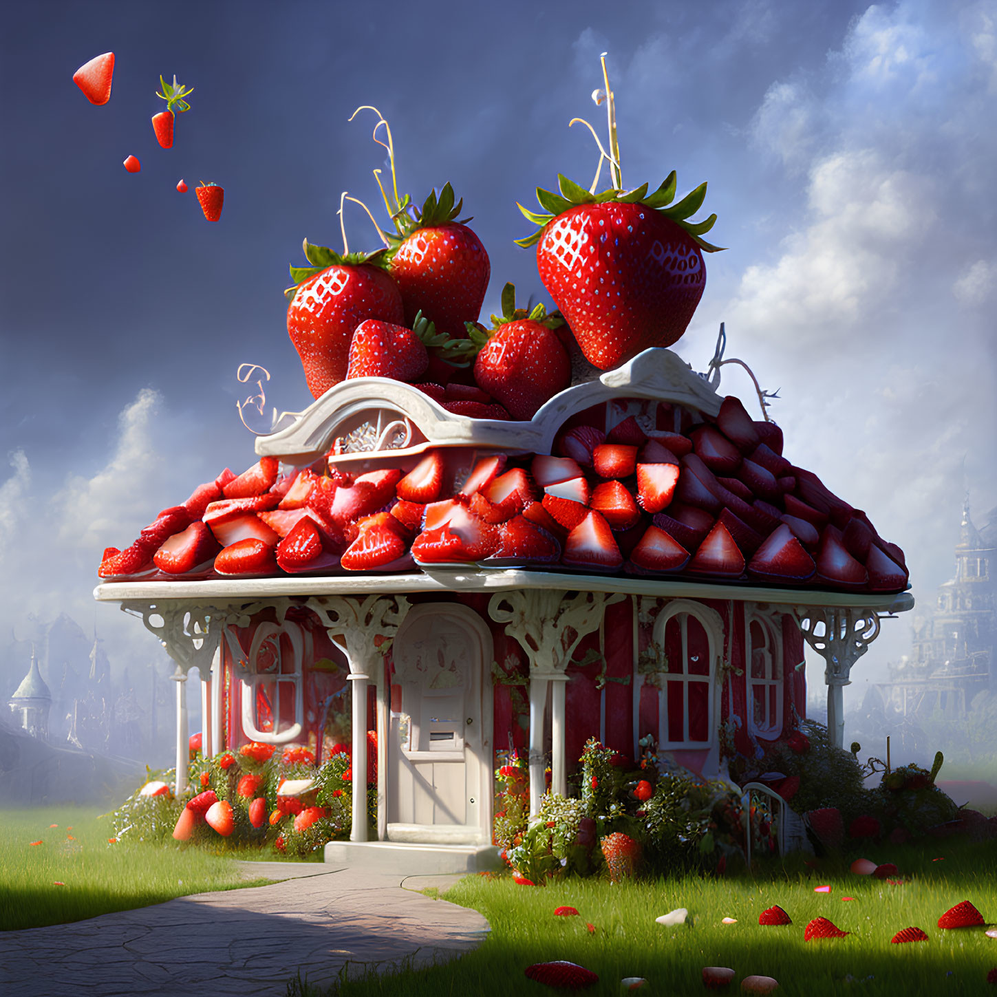 Whimsical Strawberry-Themed House with Giant Strawberries and Lush Surroundings