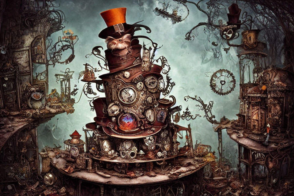 Whimsical steampunk tableau with character in multiple hats and clocks surrounded by gears and flying machines