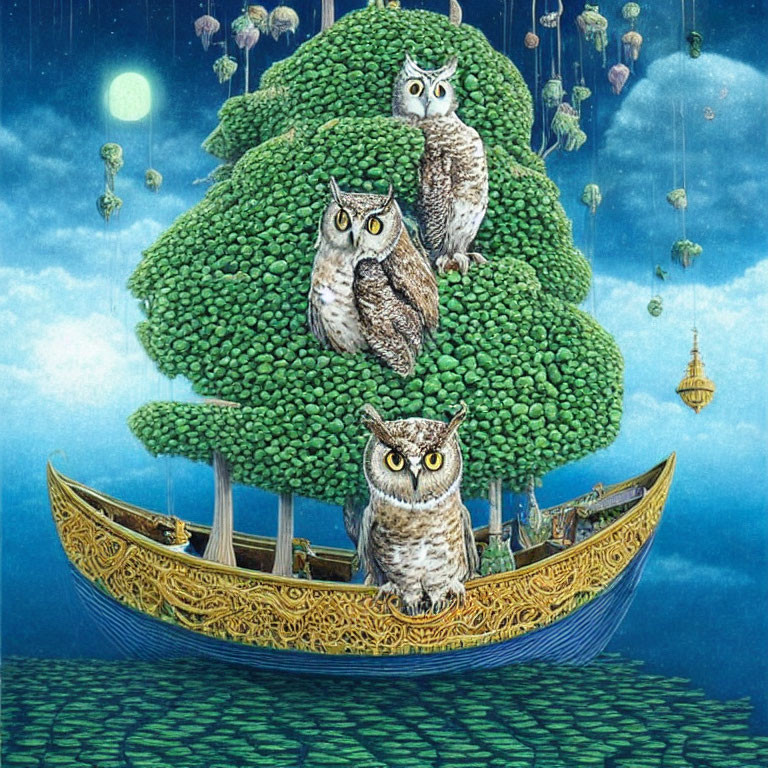 Three Owls on Boat-Shaped Tree Under Starry Night Sky