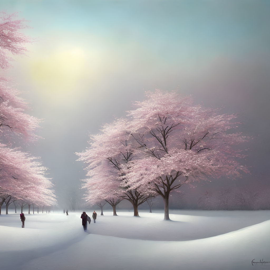 Snowy Landscape with Pink Cherry Blossom Trees and Strolling People