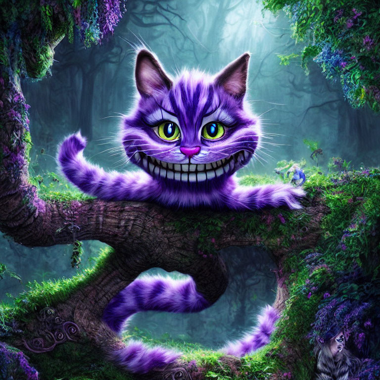Violet-striped Cheshire Cat on dark tree branch in mystical forest
