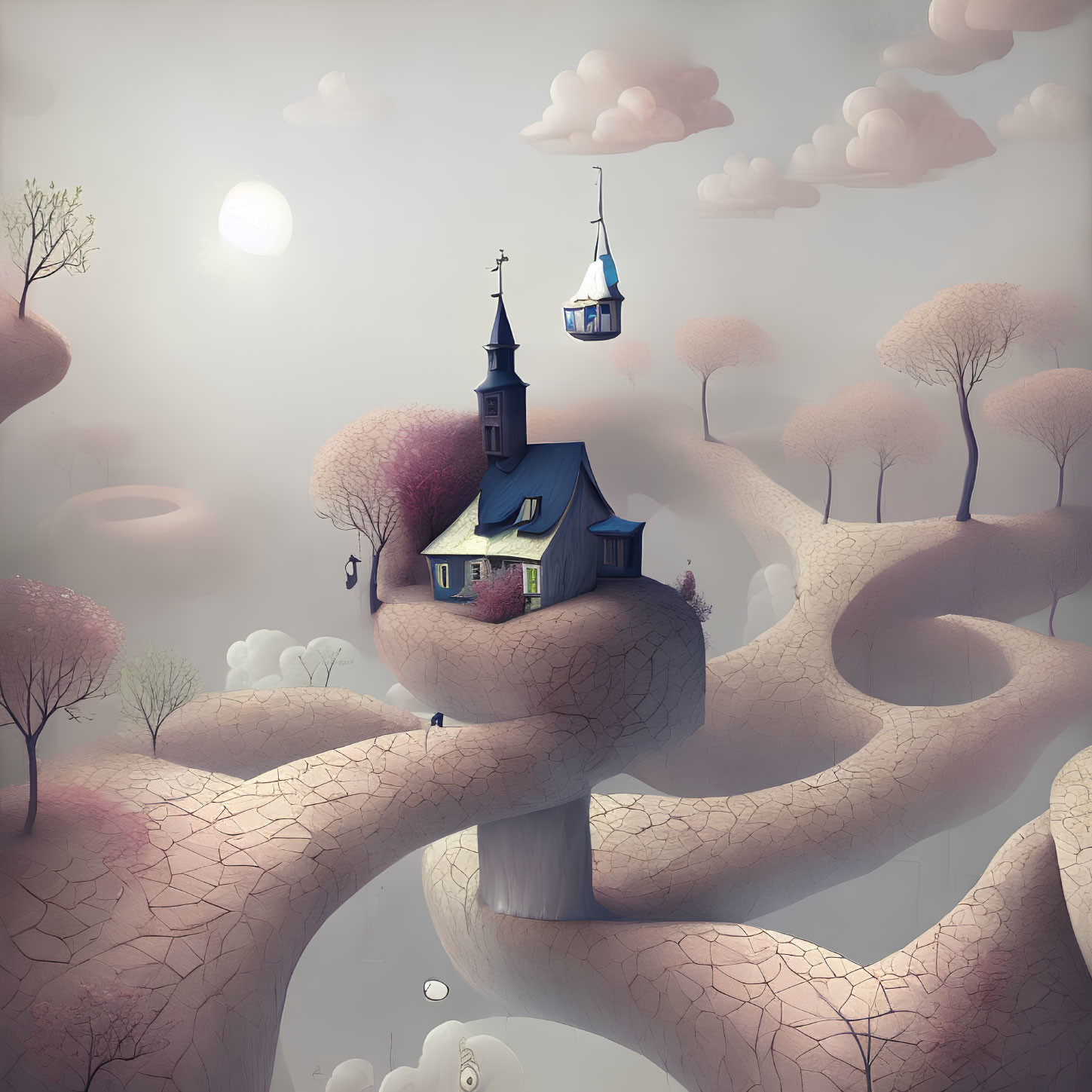 Surreal landscape featuring house, trees on giant fingers, gondola from cloud