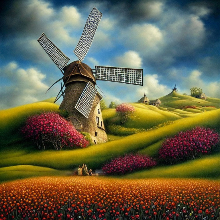 Scenic painting: Windmill on hills with pink blooms and tulip field under cloudy sky