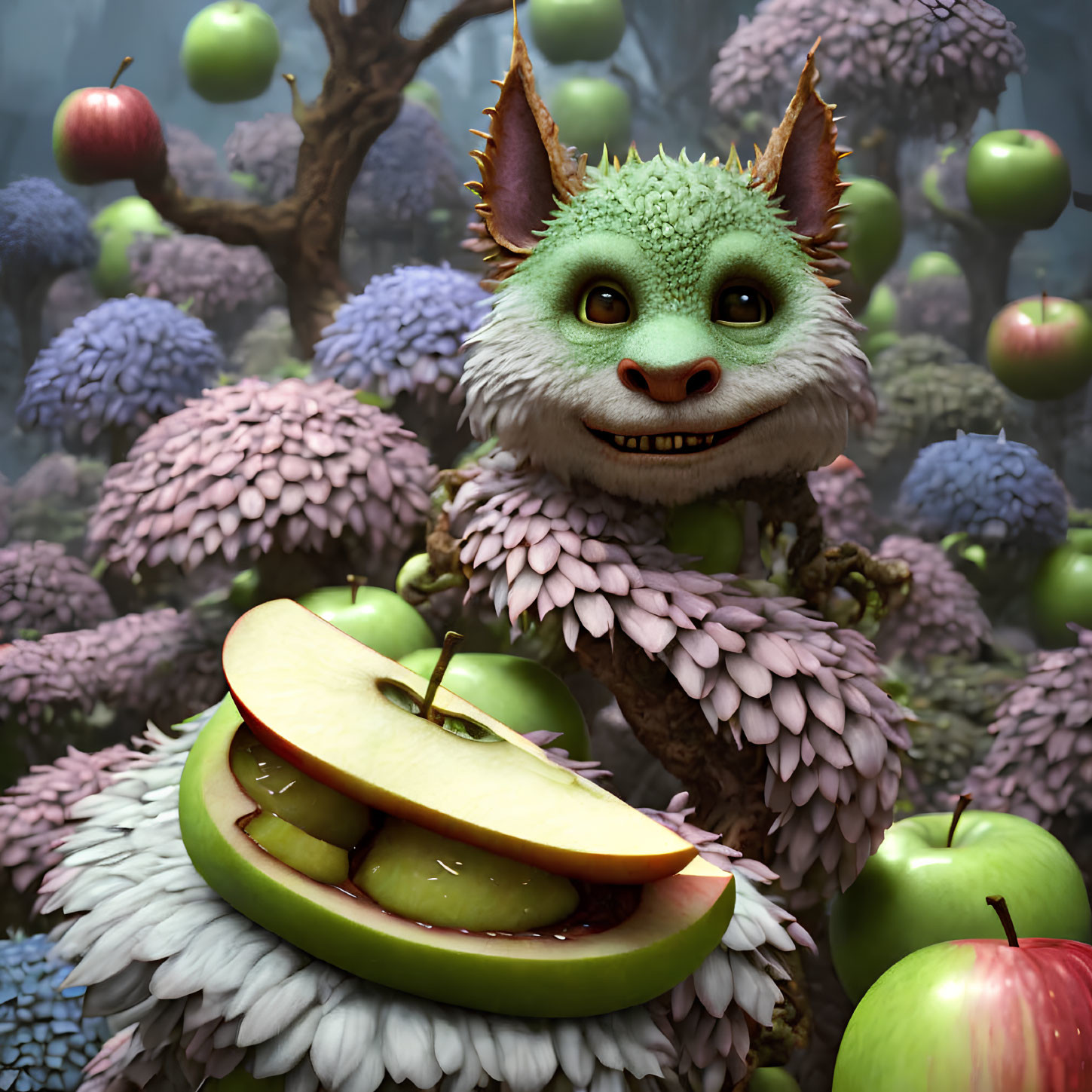 Green-furred creature with apple and flowers in whimsical scene