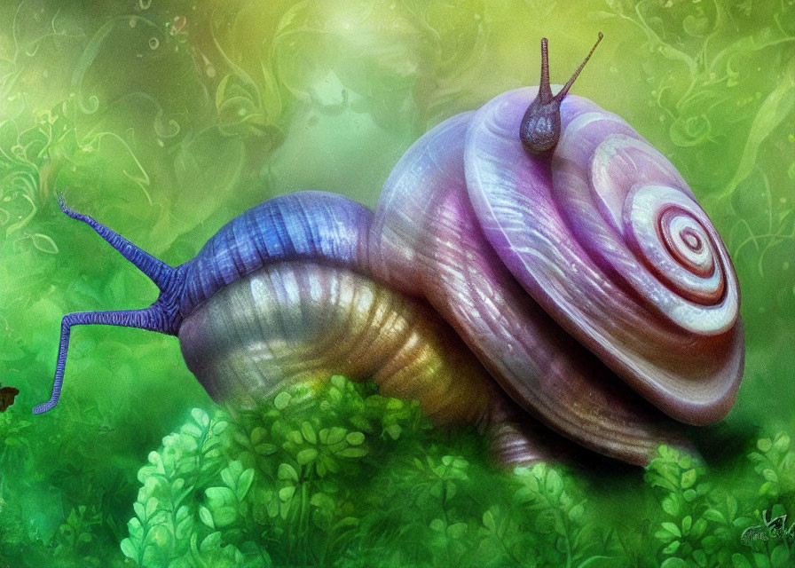 Colorful Snail Artwork in Mystical Forest Setting