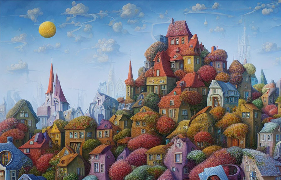 Colorful Fantasy Village with Whimsical Houses and Floating Islands