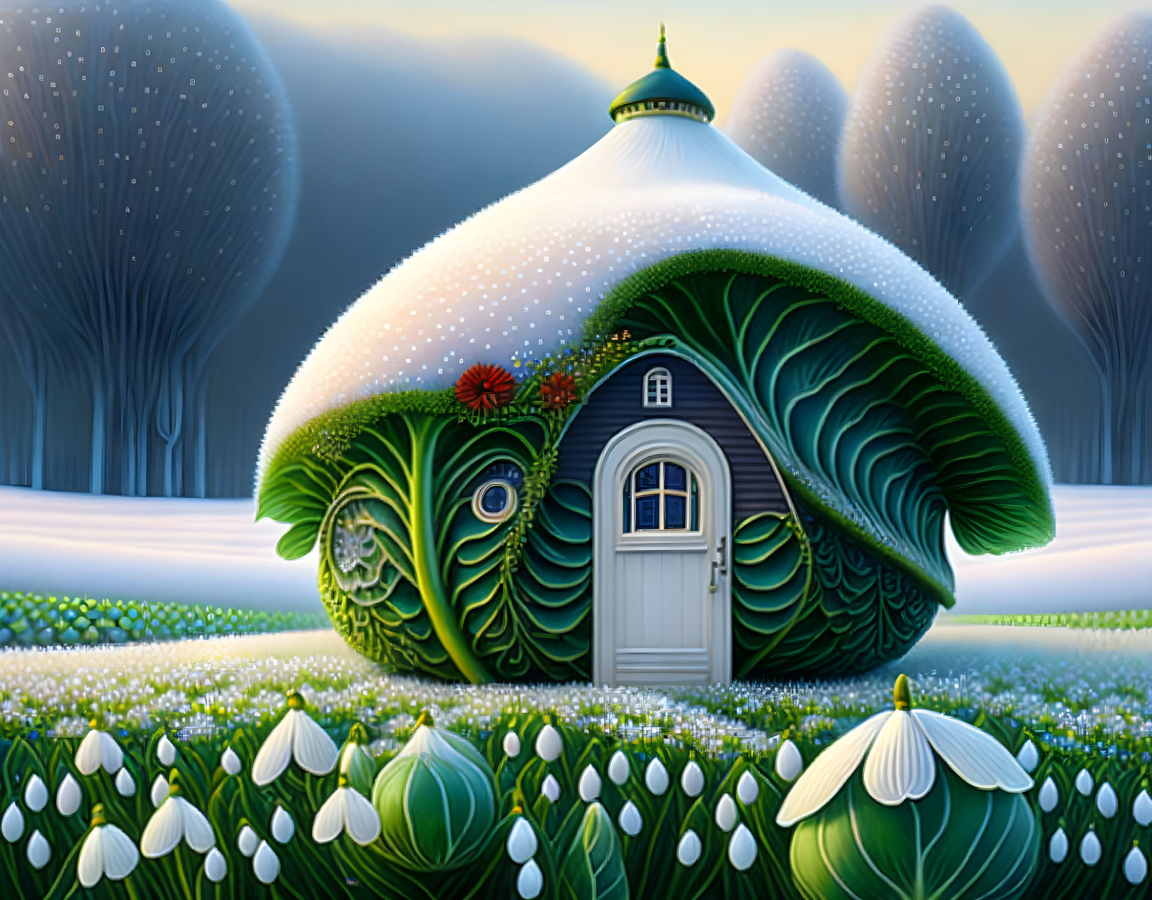Enchanting large green mushroom house in mystical forest clearing