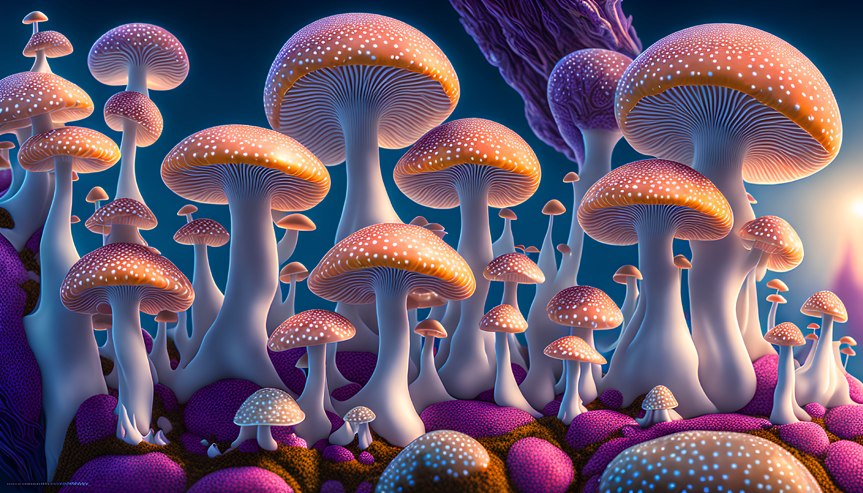Fantasy landscape with oversized luminescent mushrooms against starry sky