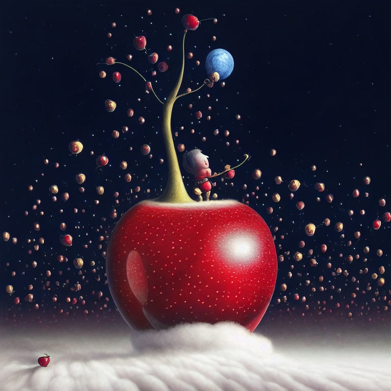 Illustration of small character on giant red apple under starry sky