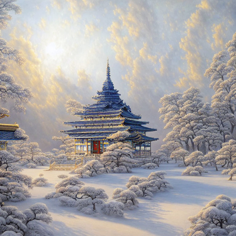 Snow-covered trees around traditional multi-tiered pagoda under bright sky
