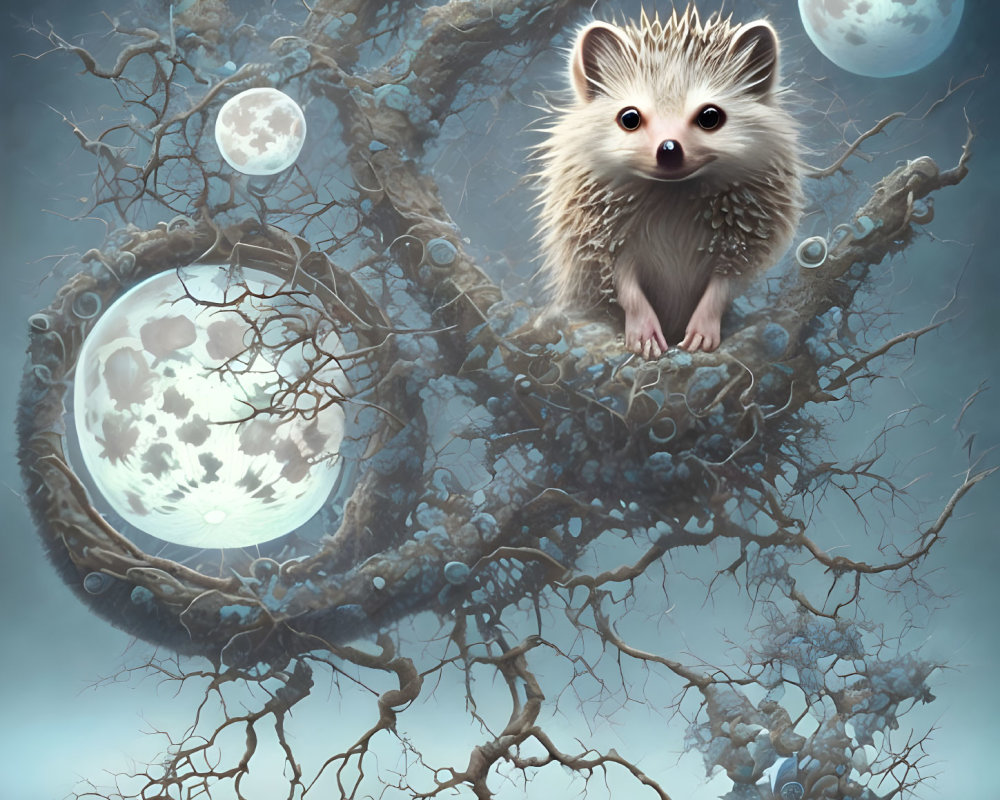 Hedgehog on twisting branches under three moons in mystical foggy scene