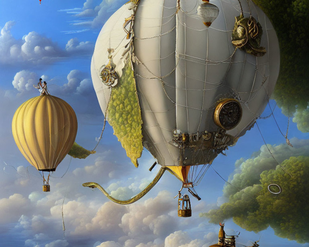 Surreal hot air balloon artwork with whimsical elements in clouds