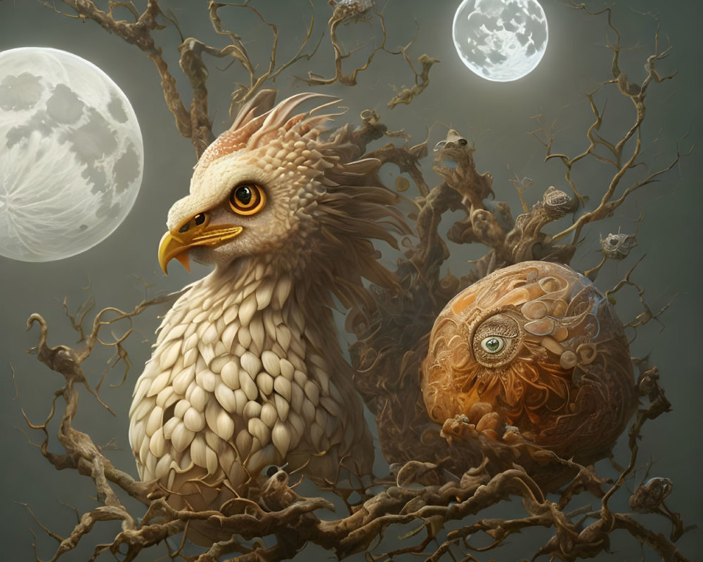 Fantasy illustration of majestic bird on gnarled branches under two full moons