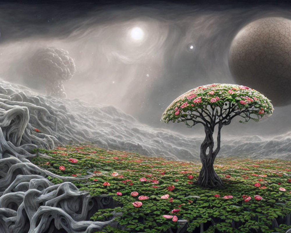 Surreal landscape with blooming tree and cosmic sky
