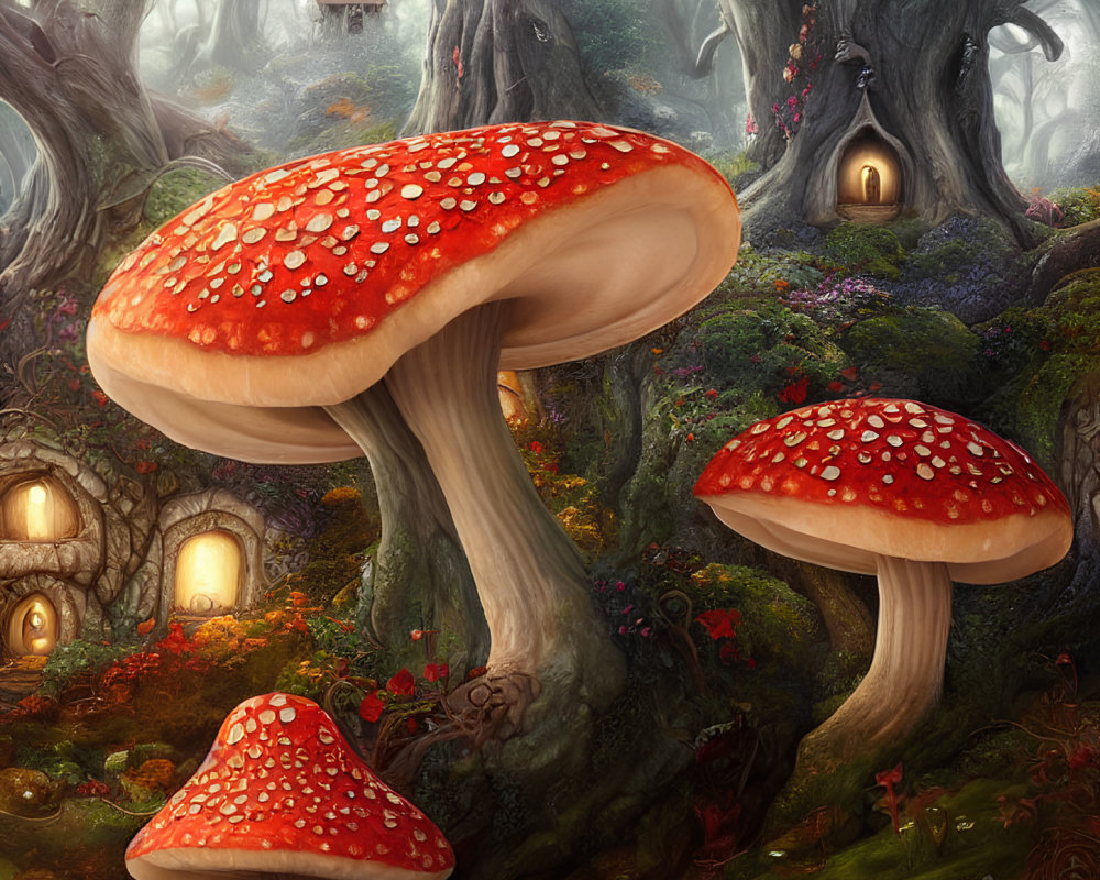 Enchanted forest with large red-capped mushrooms and glowing tree windows