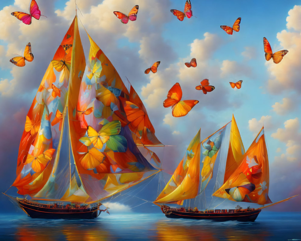 Colorful sailboats with butterfly-patterned sails on calm waters under a blue sky