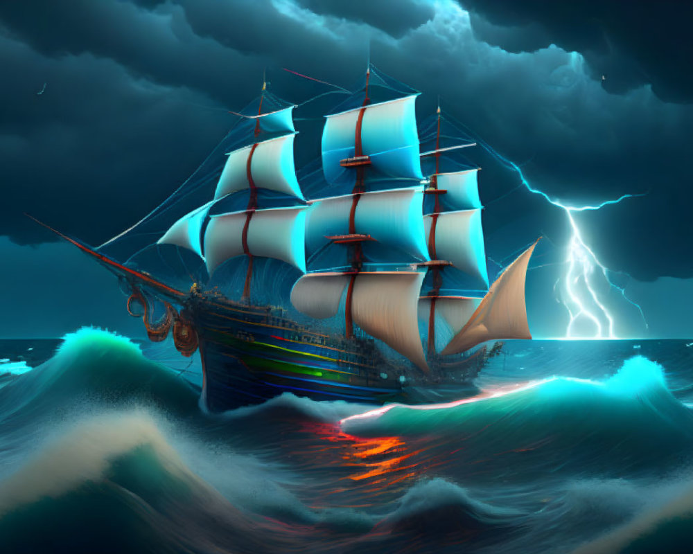 Tall ship with white sails navigating stormy seas