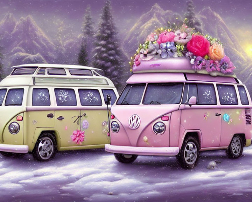 Vintage Volkswagen buses in pastel colors parked in snowy mountain landscape at sunrise