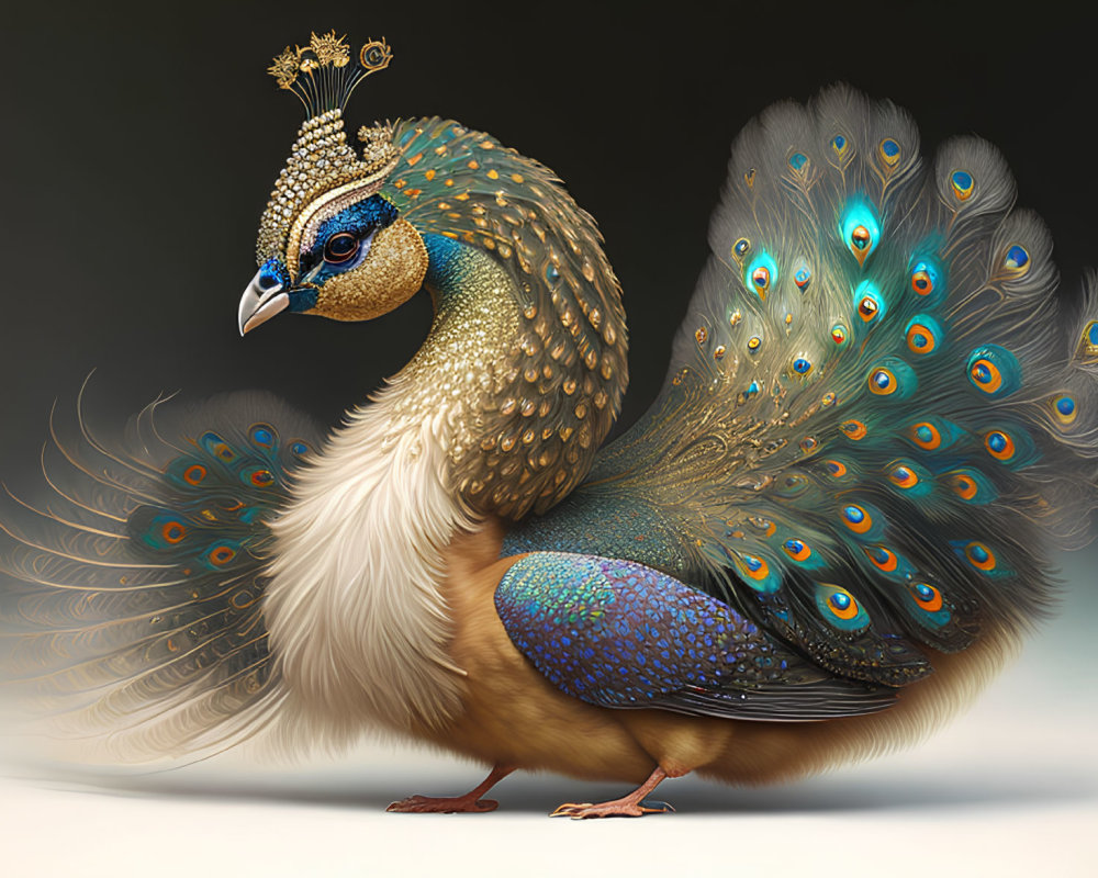 Colorful Peacock with Elaborate Tail Display and Majestic Crown
