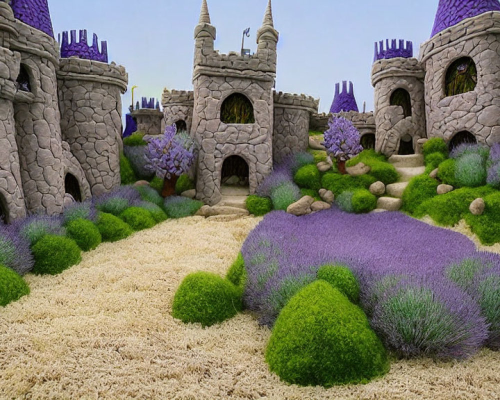 Elaborate sandcastle amidst vibrant purple and green flora