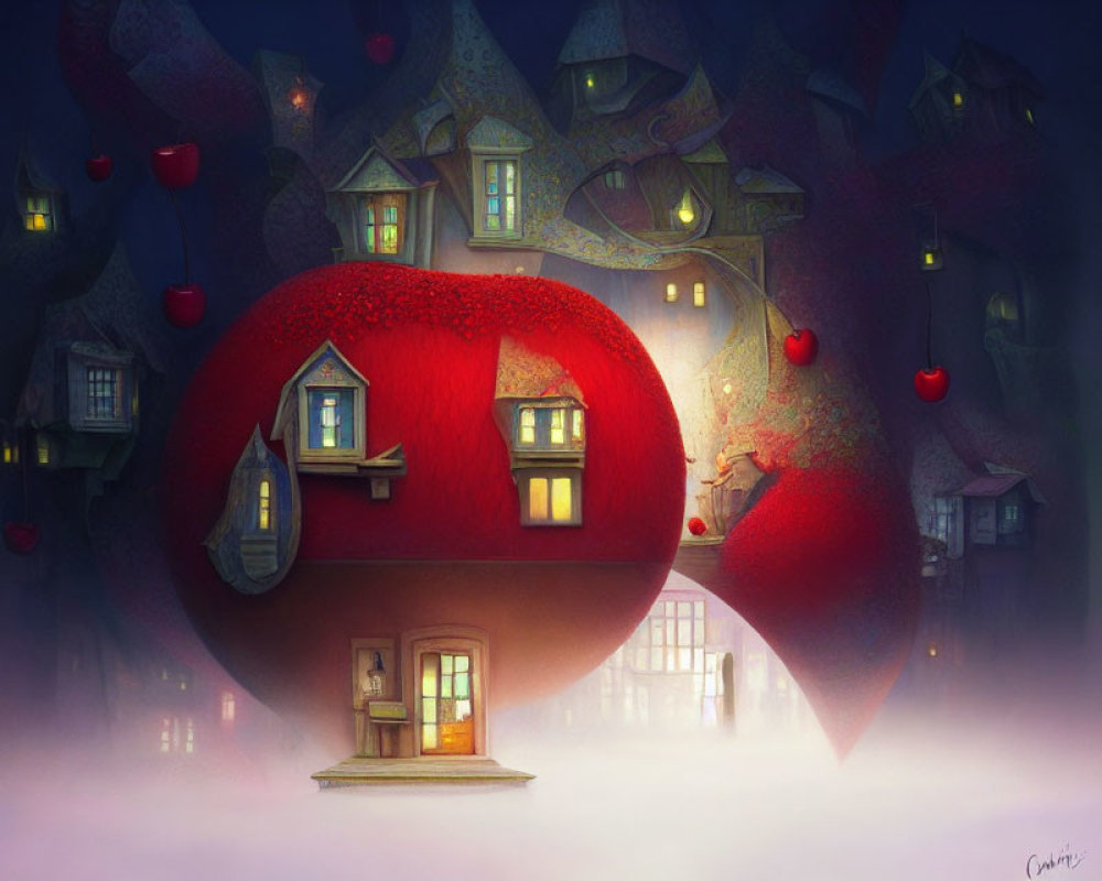 Enchanted tree with integrated houses and red fruit structure in misty setting