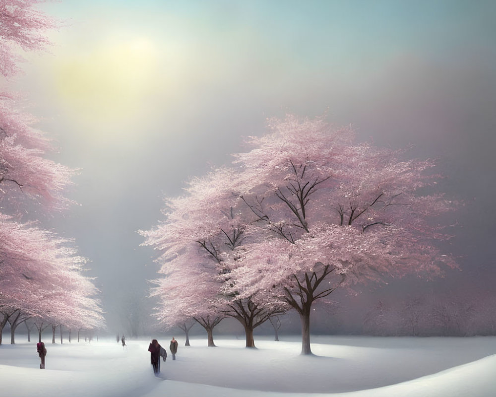 Snowy Landscape with Pink Cherry Blossom Trees and Strolling People
