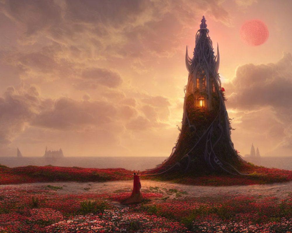 Person in Red Cloak Standing in Flower Field Facing Fantasy Castle on Hill under Sunset Sky
