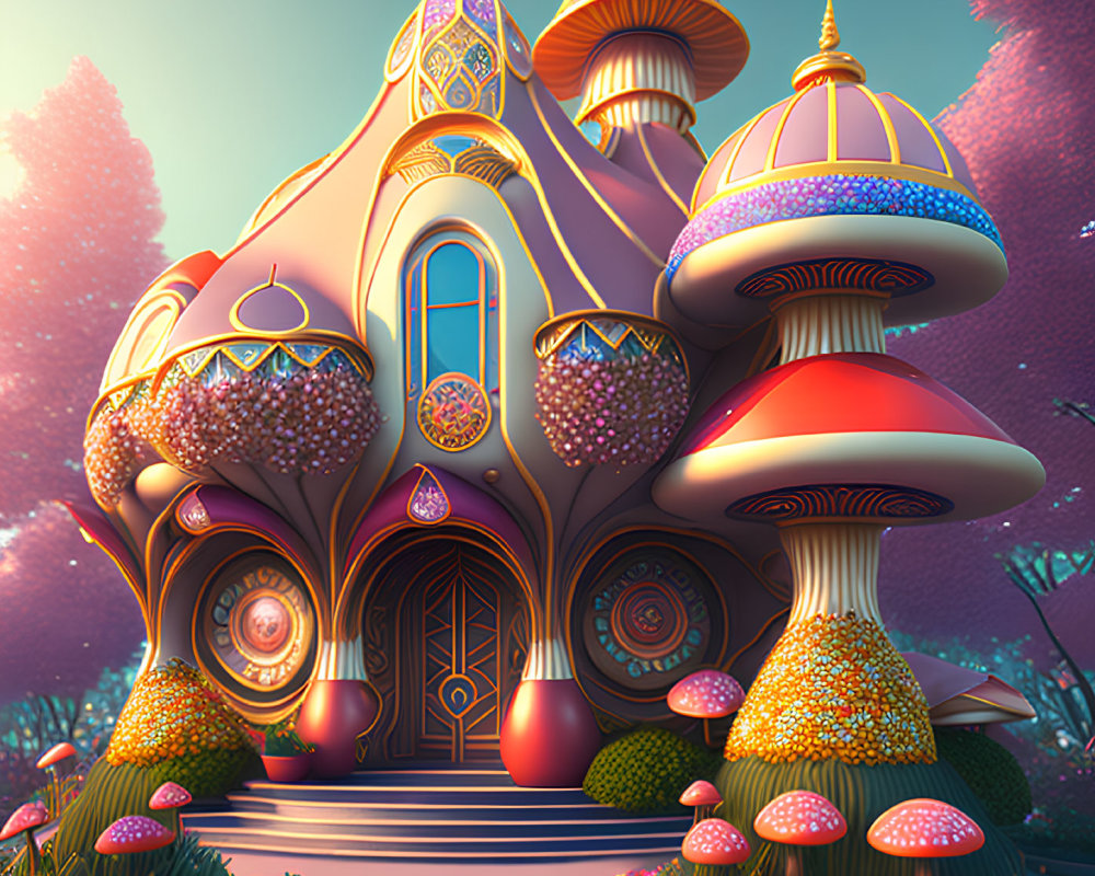 Colorful Fantasy Mushroom House Surrounded by Intricate Designs