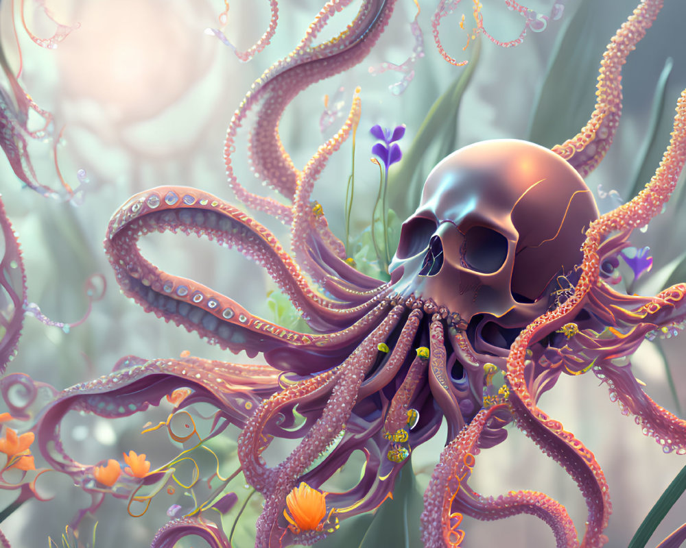 Skull with octopus tentacles and floral backdrop in ethereal setting