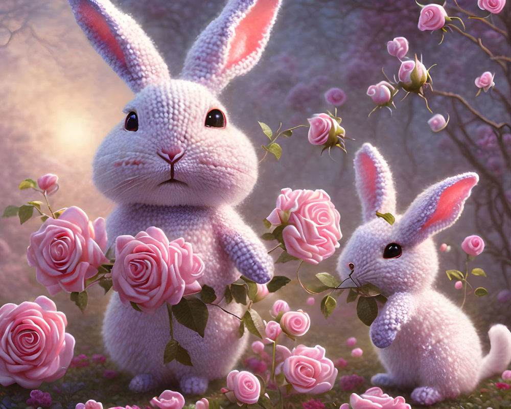 Whimsical rabbits in pink rose forest with soft sunlight