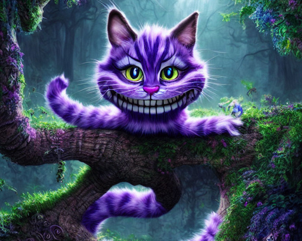 Violet-striped Cheshire Cat on dark tree branch in mystical forest