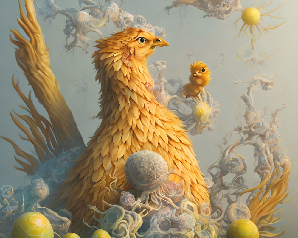 Golden feathered bird with human-like eyes in surreal illustration.