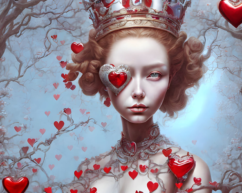 Red-Haired Female Figure with Heart Crown and Barren Trees