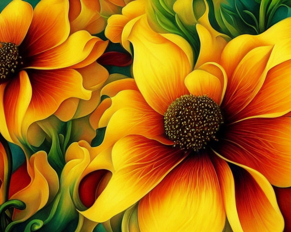 Stylized orange-yellow flowers with dark centers in vibrant painting