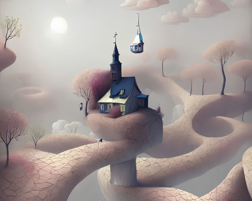 Surreal landscape featuring house, trees on giant fingers, gondola from cloud