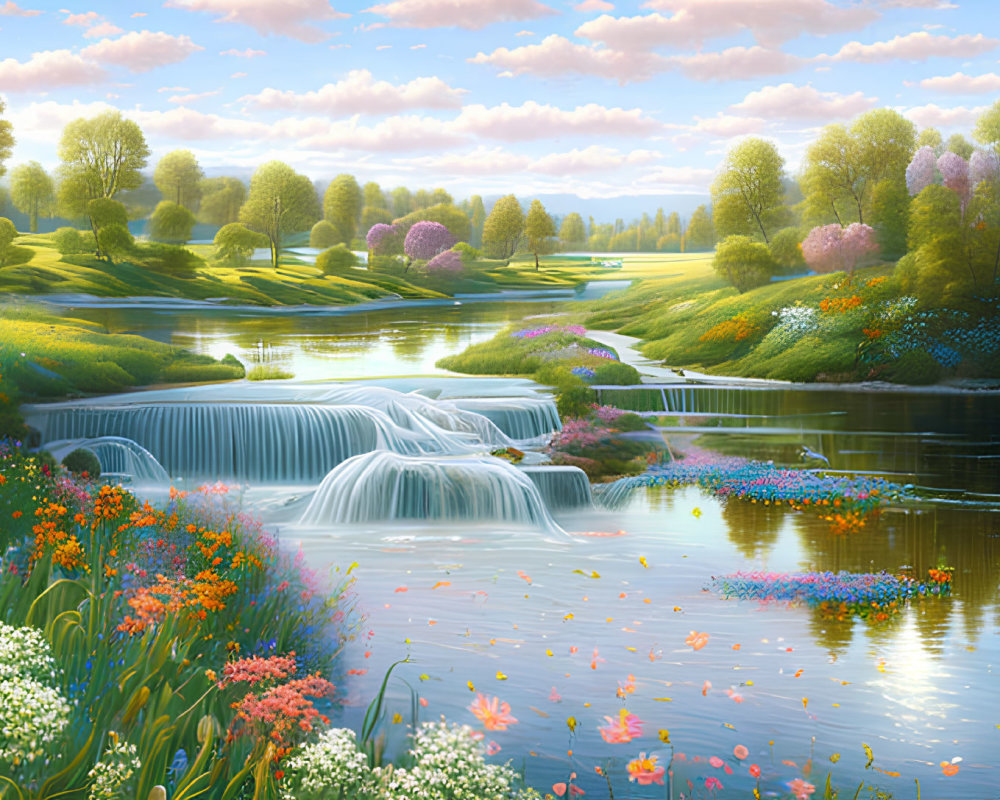 Tranquil landscape with river, waterfalls, wildflowers, and trees