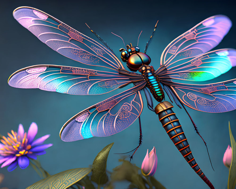 Metallic dragonfly art with intricate wing patterns hovering near flowers on a blue background