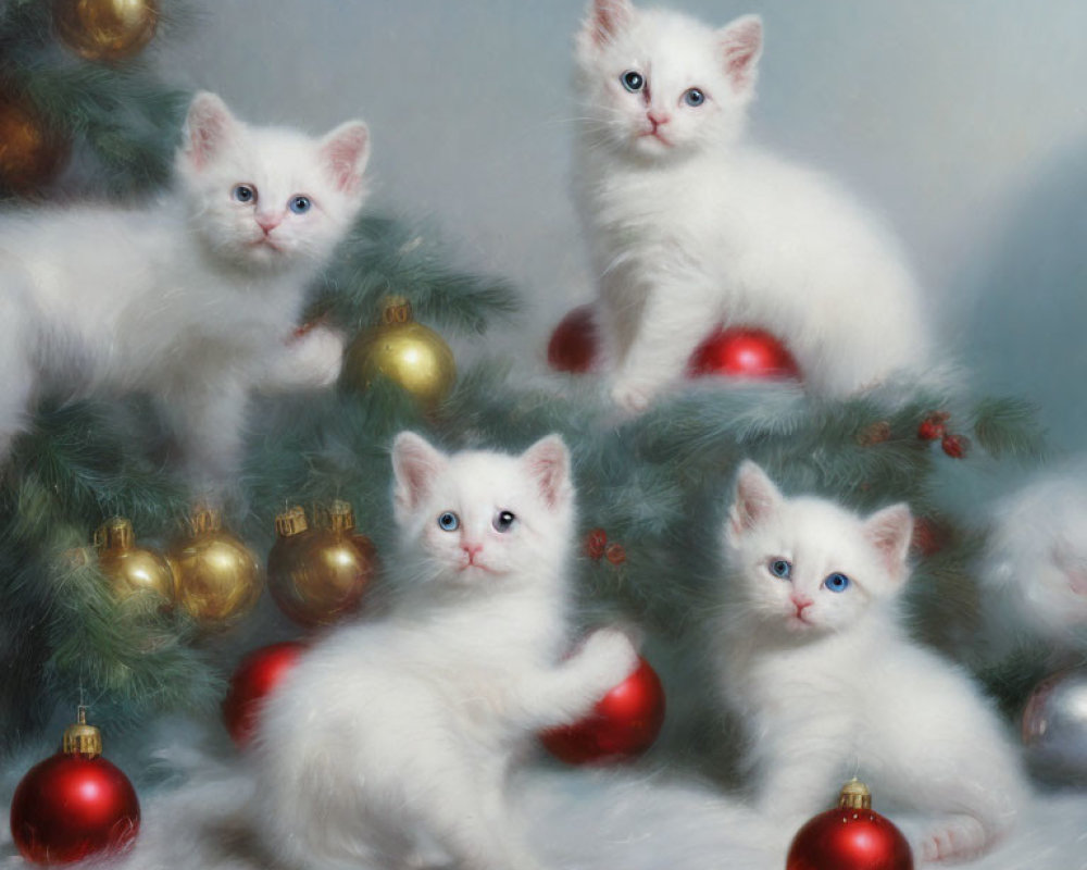 White Kittens with Blue Eyes Playing by Christmas Tree with Gold and Red Baubles