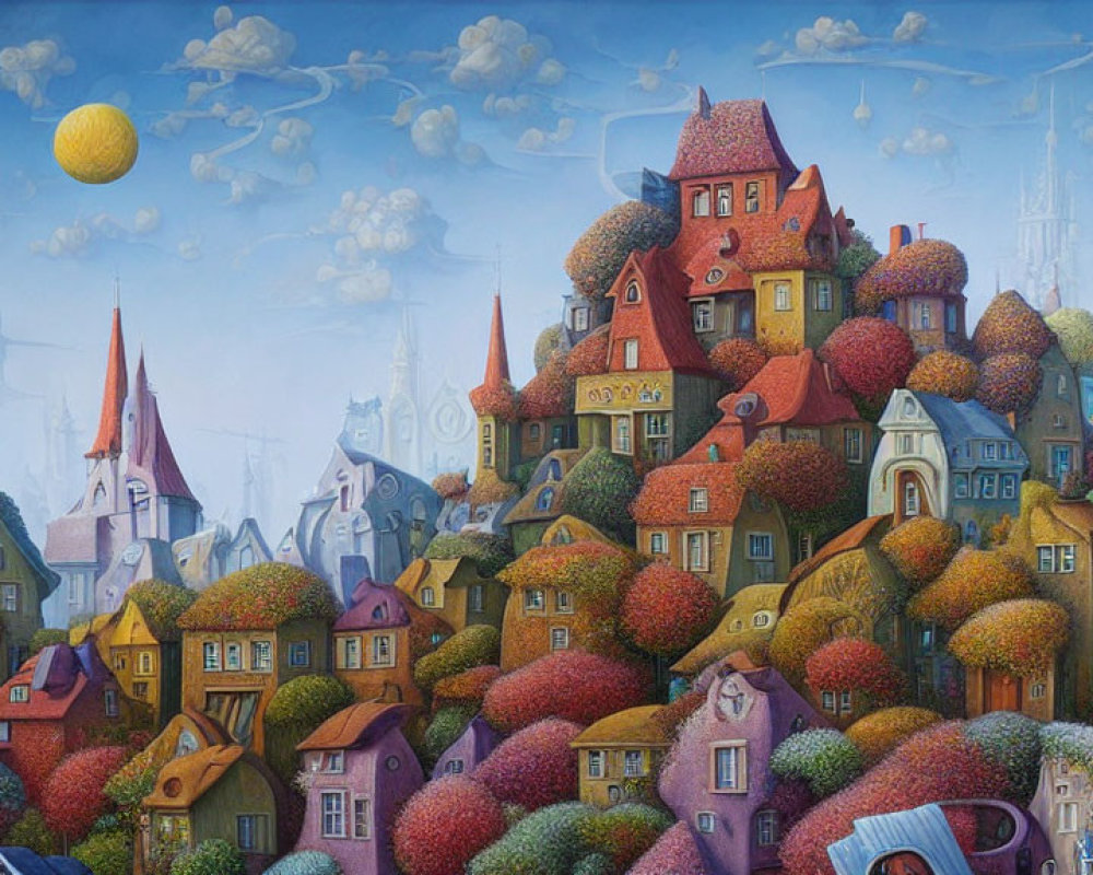Colorful Fantasy Village with Whimsical Houses and Floating Islands