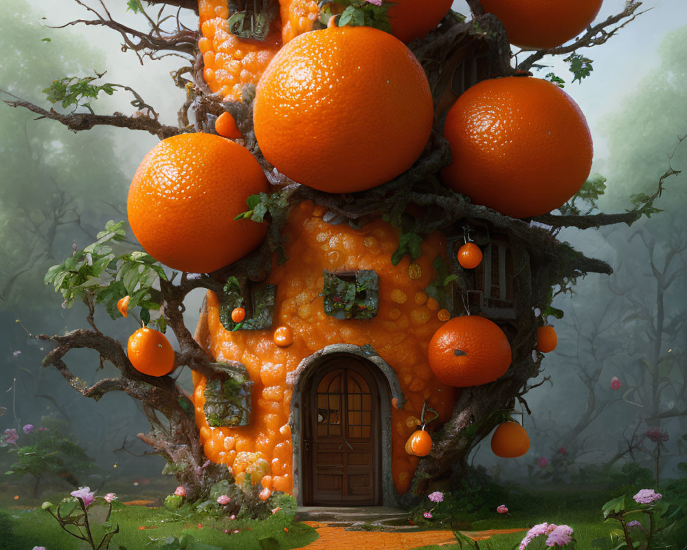 Whimsical Treehouse with Giant Orange Walls in Lush Forest
