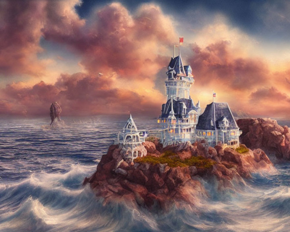 Fantasy castle with spires on rugged island in turbulent sea at sunset