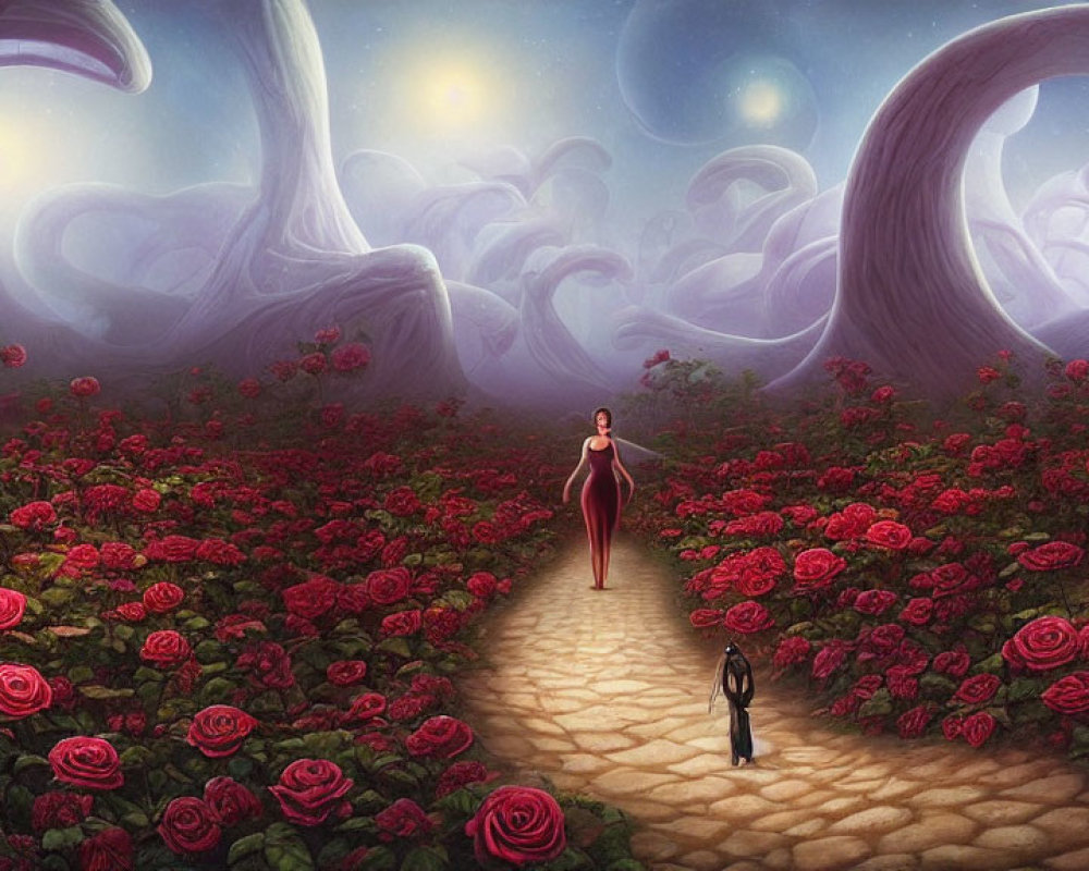 Person walking on cobblestone path in surreal landscape with oversized roses and twisted trees under glowing sky