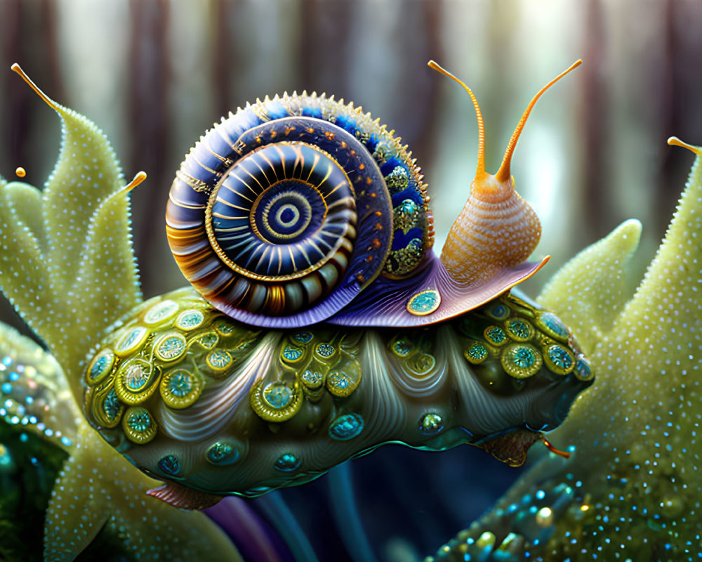 Colorful digital artwork: Fantastical snail with fractal shell in dreamy forest